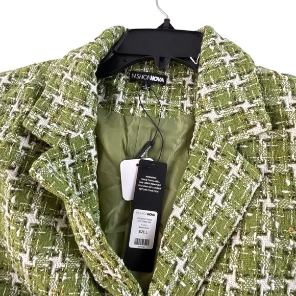 Fashion Nova Christine Tweed Cropped Blazer Jacket L Green White Dressy Preppy - Picture 5 of 10